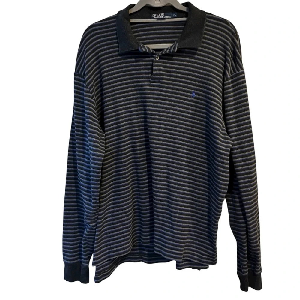Polo Ralph Lauren Blue and Charcoal Long Sleeved Striped Polo size XL Preppy